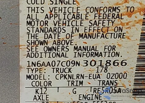 2009 Nissan Titan Xe z USA, uszkodzony, nr VIN 1N6AA07C09N301866